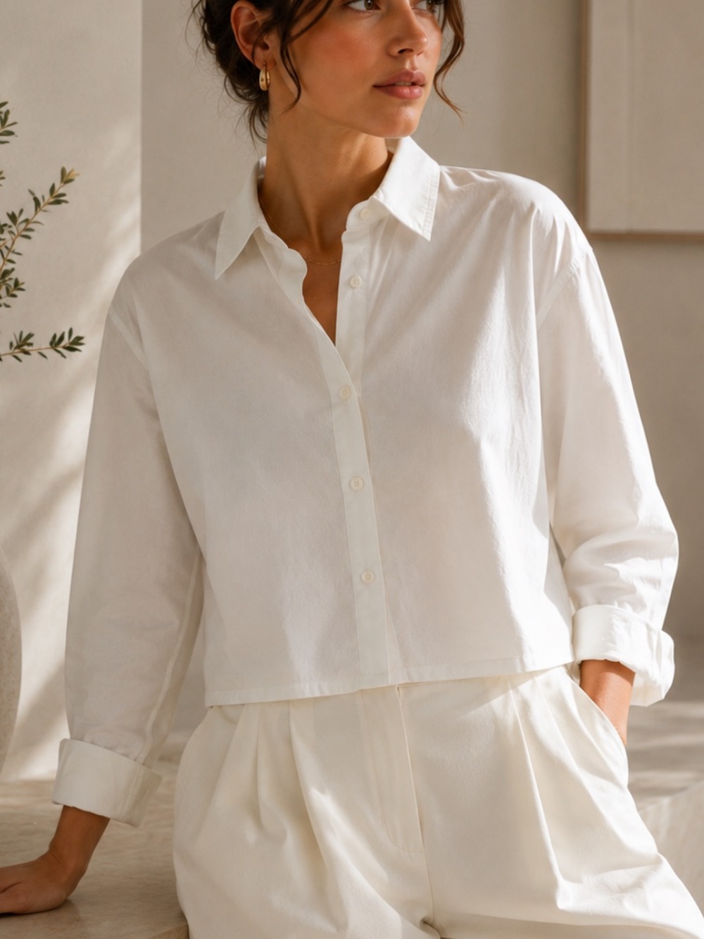 Madewell White Cropped Button-Down Shirt | Long Sleeve Boxy Fit XS